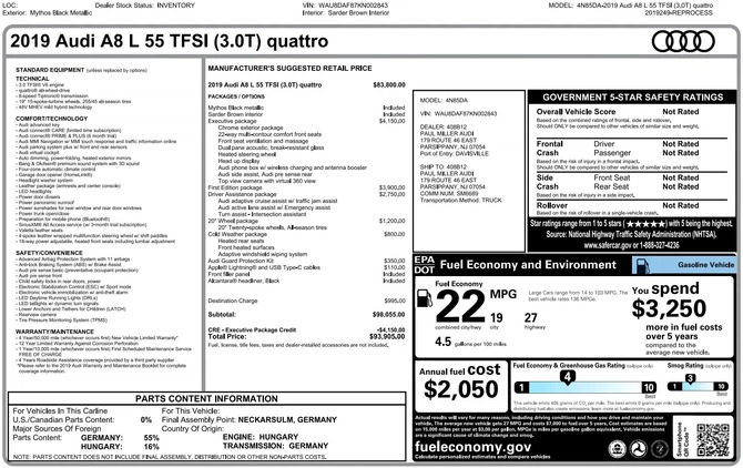 Audi A8 cena 112900 przebieg: 49922, rok produkcji 2019 z Skępe małe 191